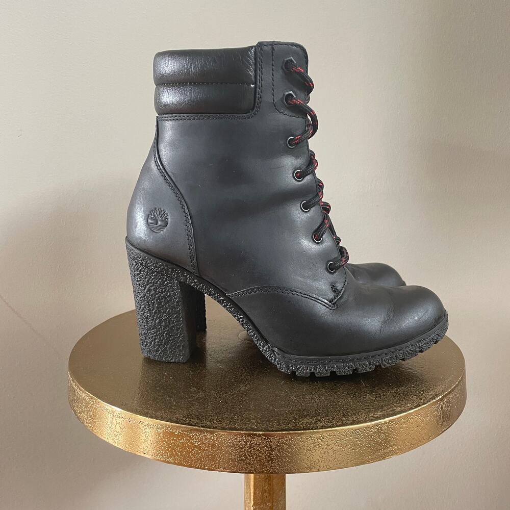 Rare Timberland Glancy Boots 7 Black Leather | Heel Lace Up Combat, Discontinued - Picture 3 of 15